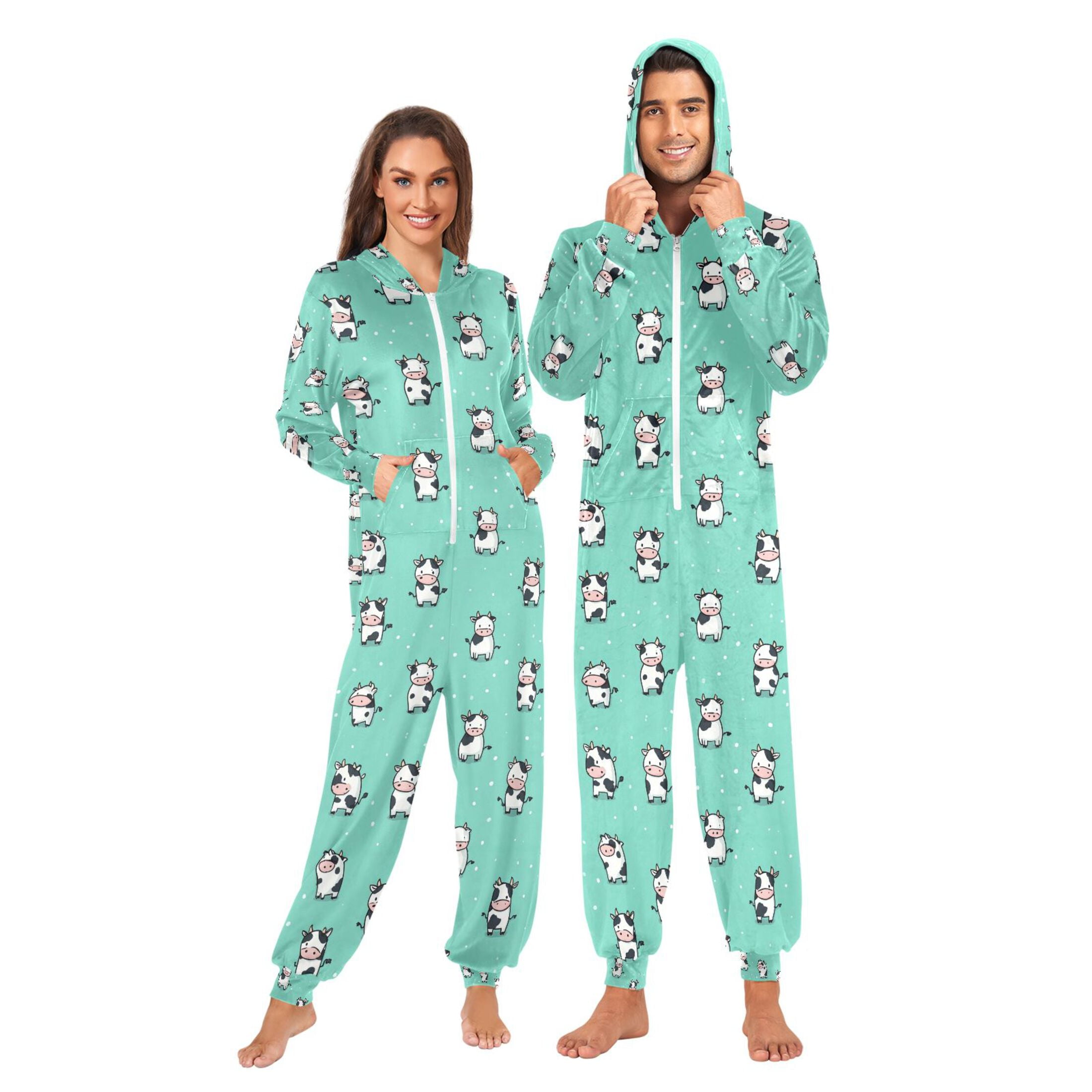 Adult Christmas Onesie Cute Cow Adult Zipper One-Piece Pajamas Unisex Pajamas with Pockets