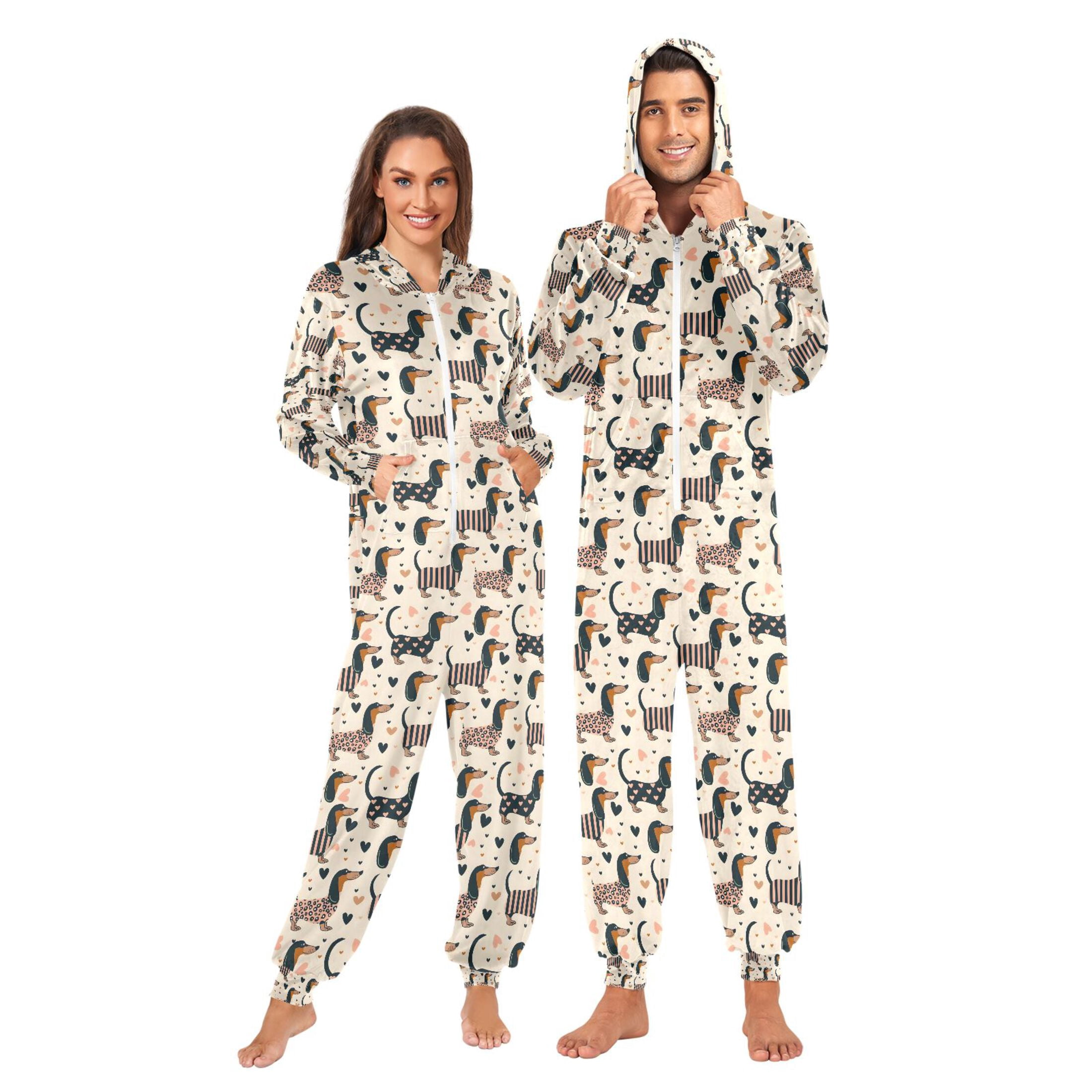 Adult Christmas Onesie Cute Dachshund Dogs Adult Zipper One-Piece Pajamas Unisex Pajamas with Pockets