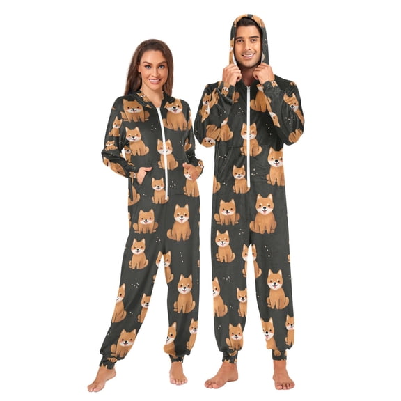 Adult Christmas Onesie Cute Dog Adult Zipper One-Piece Pajamas Unisex Pajamas with Pockets