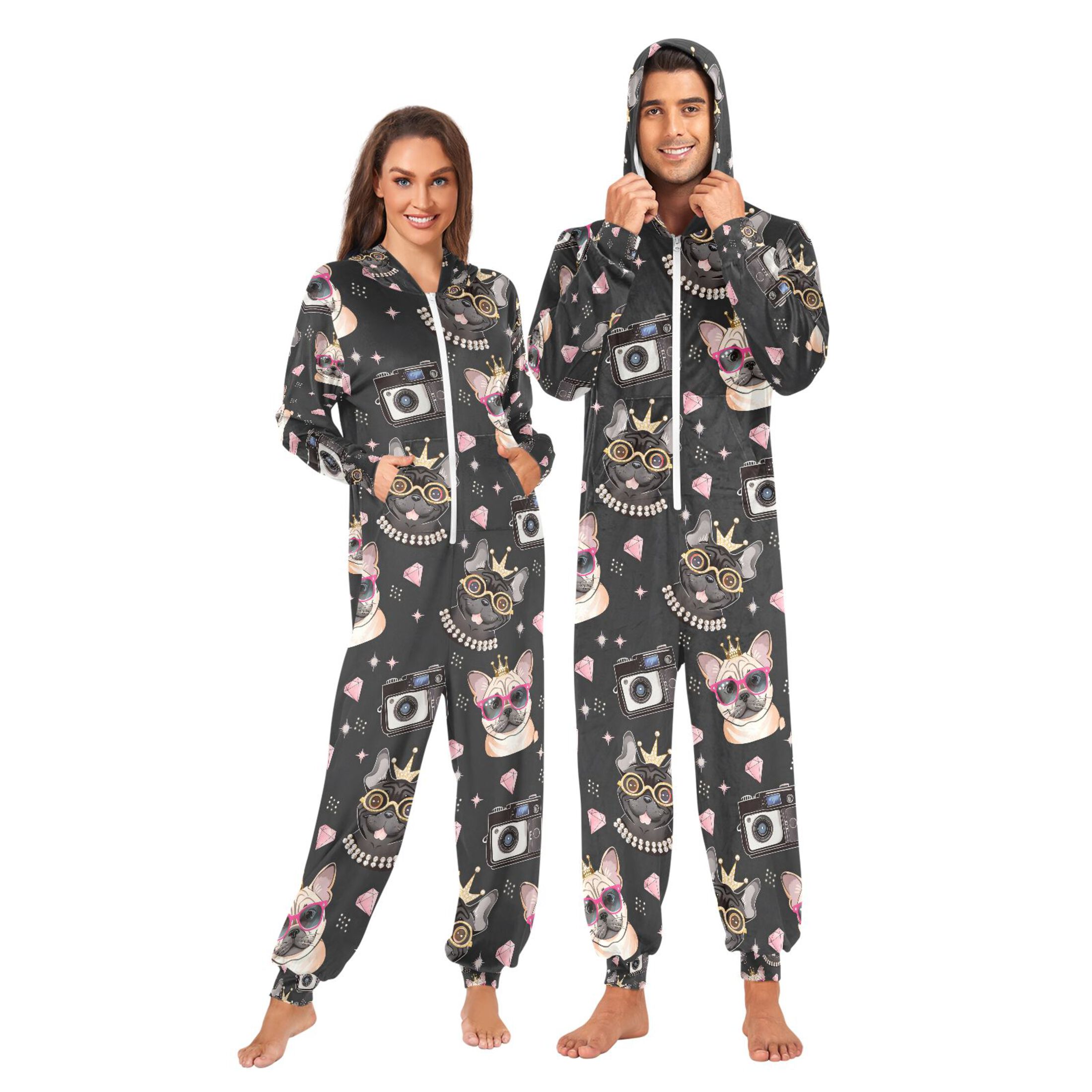 Adult Christmas Onesie Cute Dogs Adult Zipper One-Piece Pajamas Unisex Pajamas with Pockets