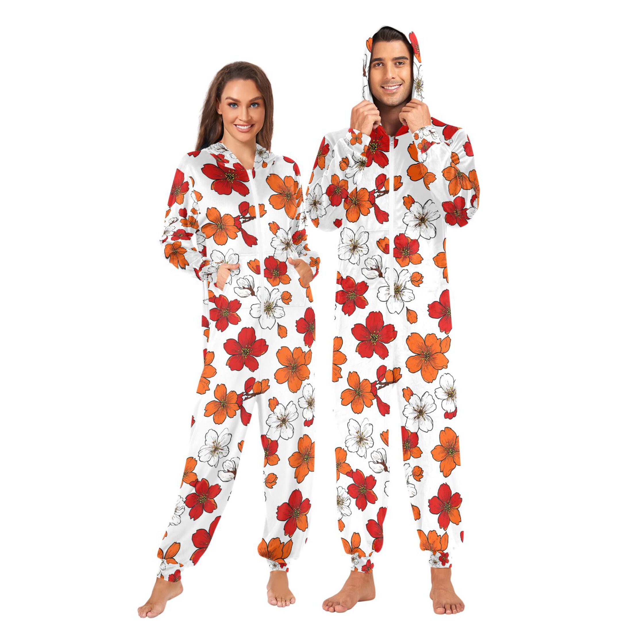 Adult Christmas Onesie Cute Flowers Adult Zipper One-Piece Pajamas Unisex Pajamas with Pockets