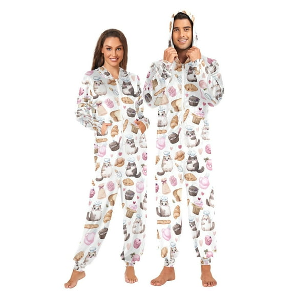 Adult Christmas Onesie Cute Fluffy Cats Adult Zipper One-Piece Pajamas Unisex Pajamas with Pockets