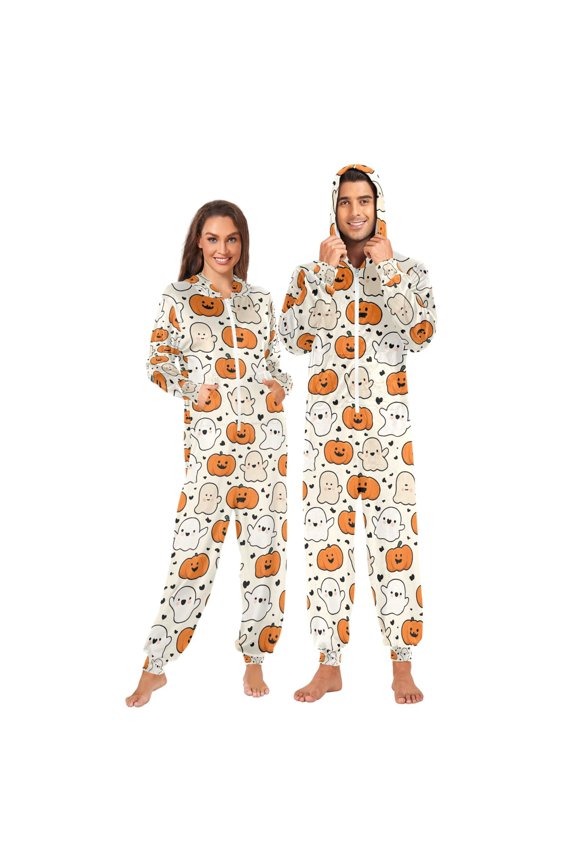 Adult Christmas Onesie Cute Ghosts and Pumpkins Adult Zipper One-Piece Pajamas Unisex Pajamas with Pockets