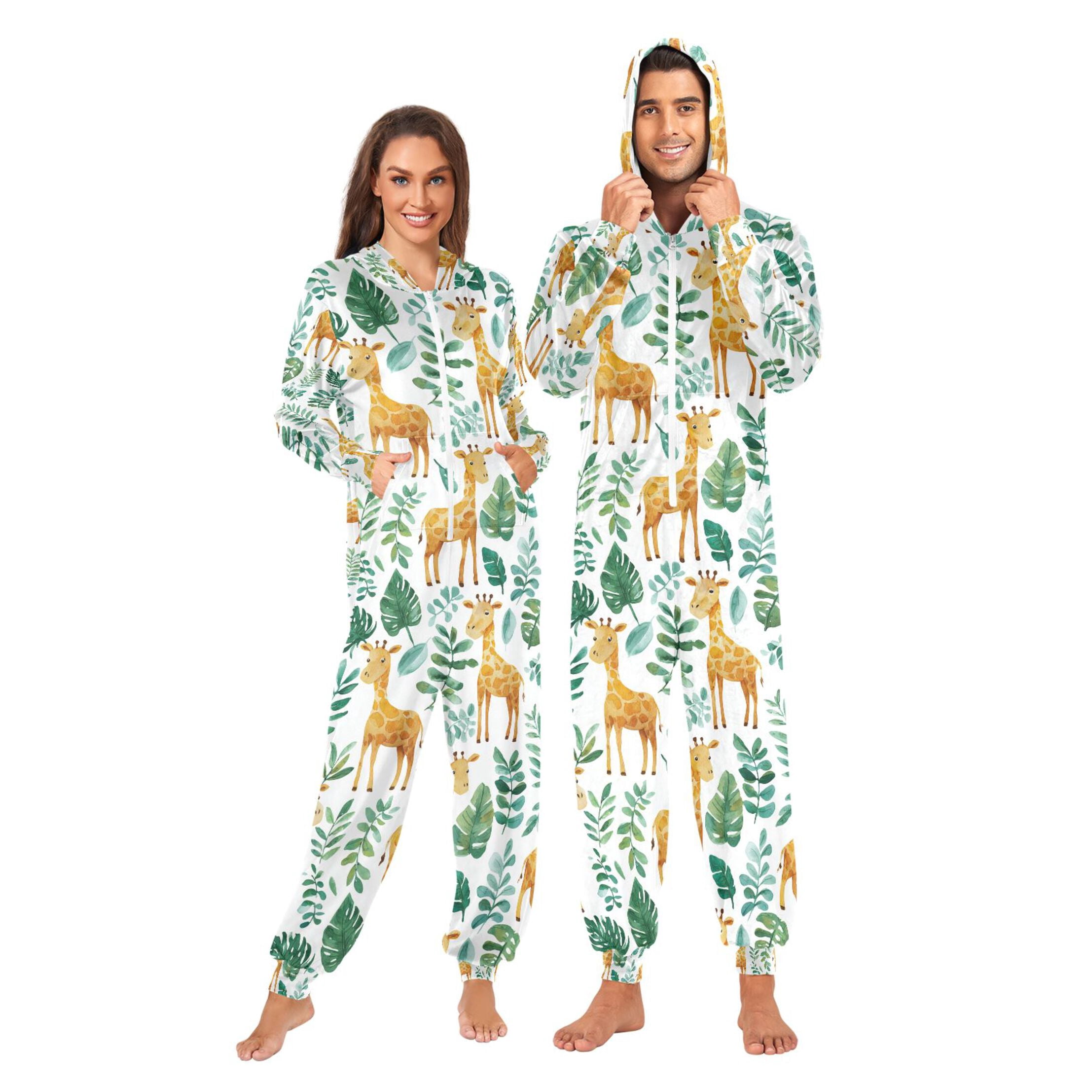 Adult Christmas Onesie Cute Giraffe Adult Zipper One-Piece Pajamas Unisex Pajamas with Pockets