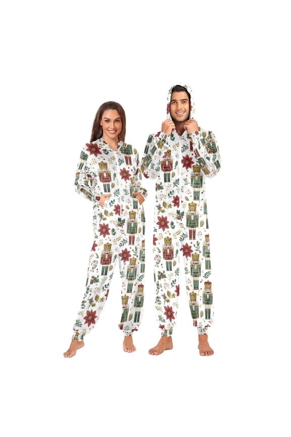 Adult Christmas Onesie Cute Nutcracker Zipper One-Piece Pajamas Unisex with Pockets