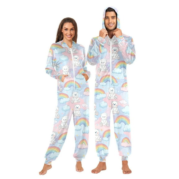 Adult Christmas Onesie Cute Pastel Rainbow Bears Adult Zipper One-Piece Pajamas Unisex Pajamas with Pockets