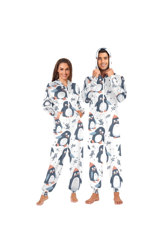 Adult Christmas Onesie Cute Penguins Zipper One-Piece Pajamas Unisex with Pockets