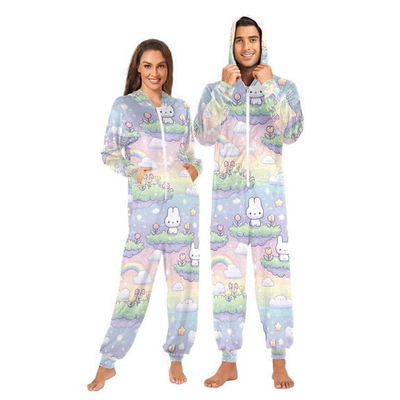 Adult Christmas Onesie Cute Rabbit Adult Zipper One-Piece Pajamas Unisex Pajamas with Pockets