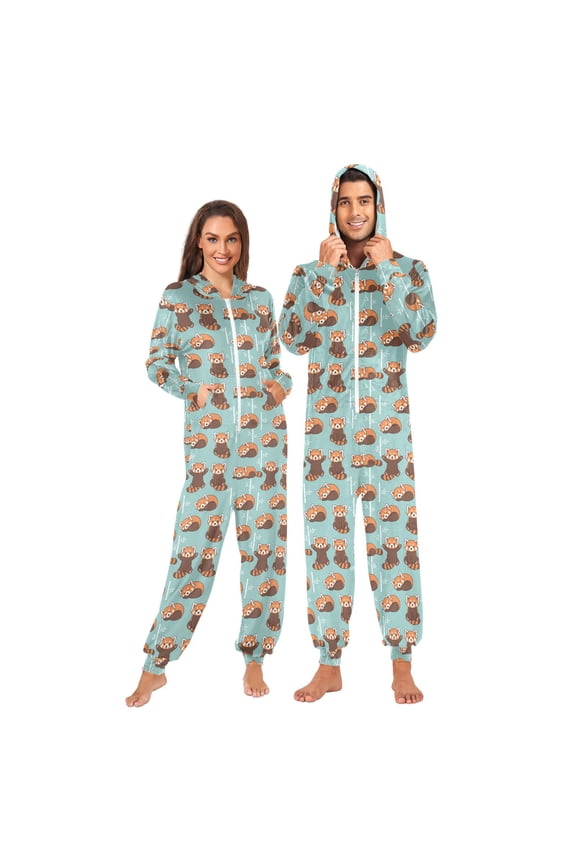Adult Christmas Onesie Cute Red Panda Zipper One-Piece Pajamas Unisex with Pockets