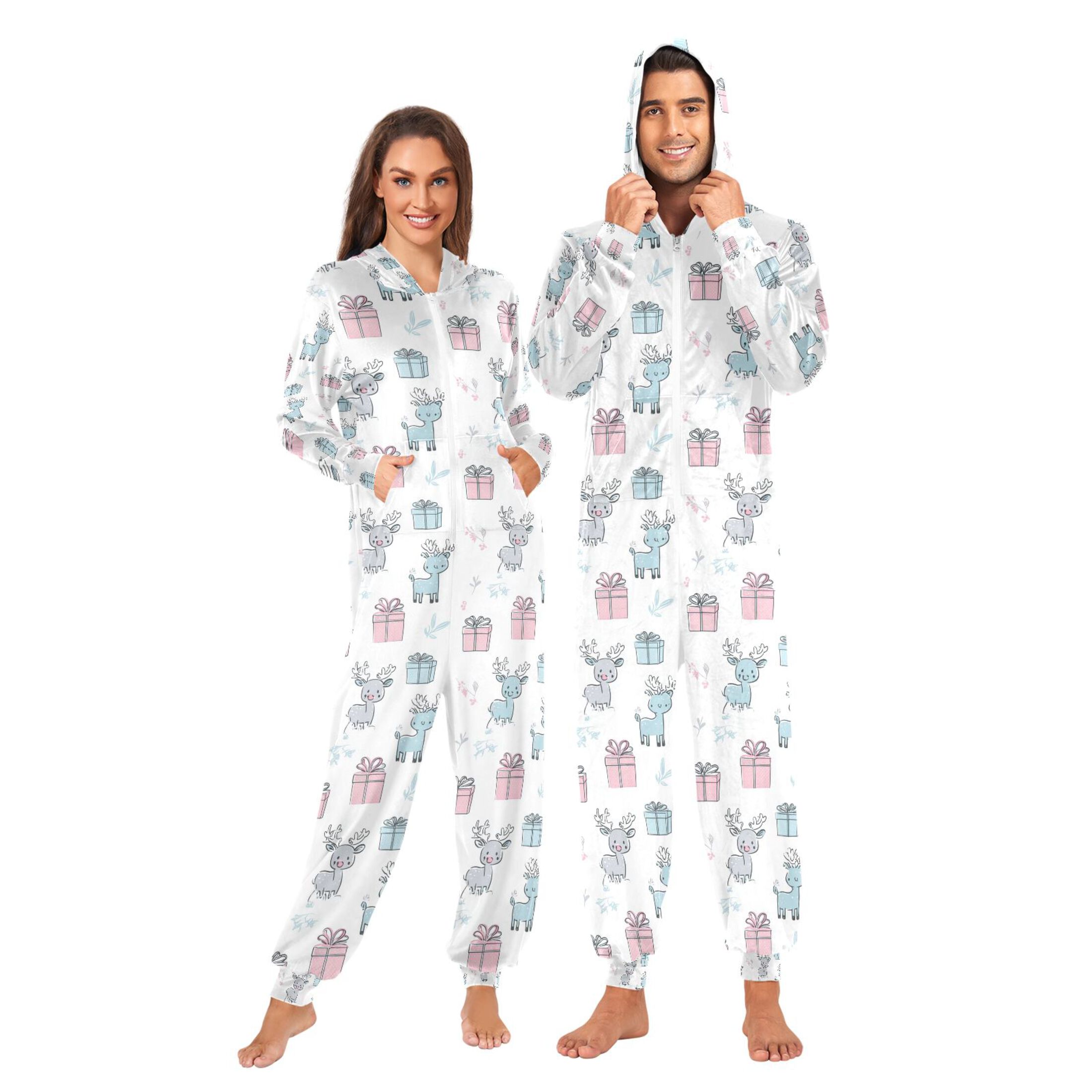 Adult Christmas Onesie Cute Reindeer Adult Zipper One-Piece Pajamas Unisex Pajamas with Pockets