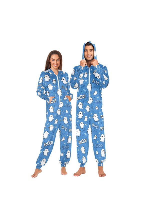 Adult Christmas Onesie Cute White Ghost Adult Zipper One-Piece Pajamas Unisex Pajamas with Pockets