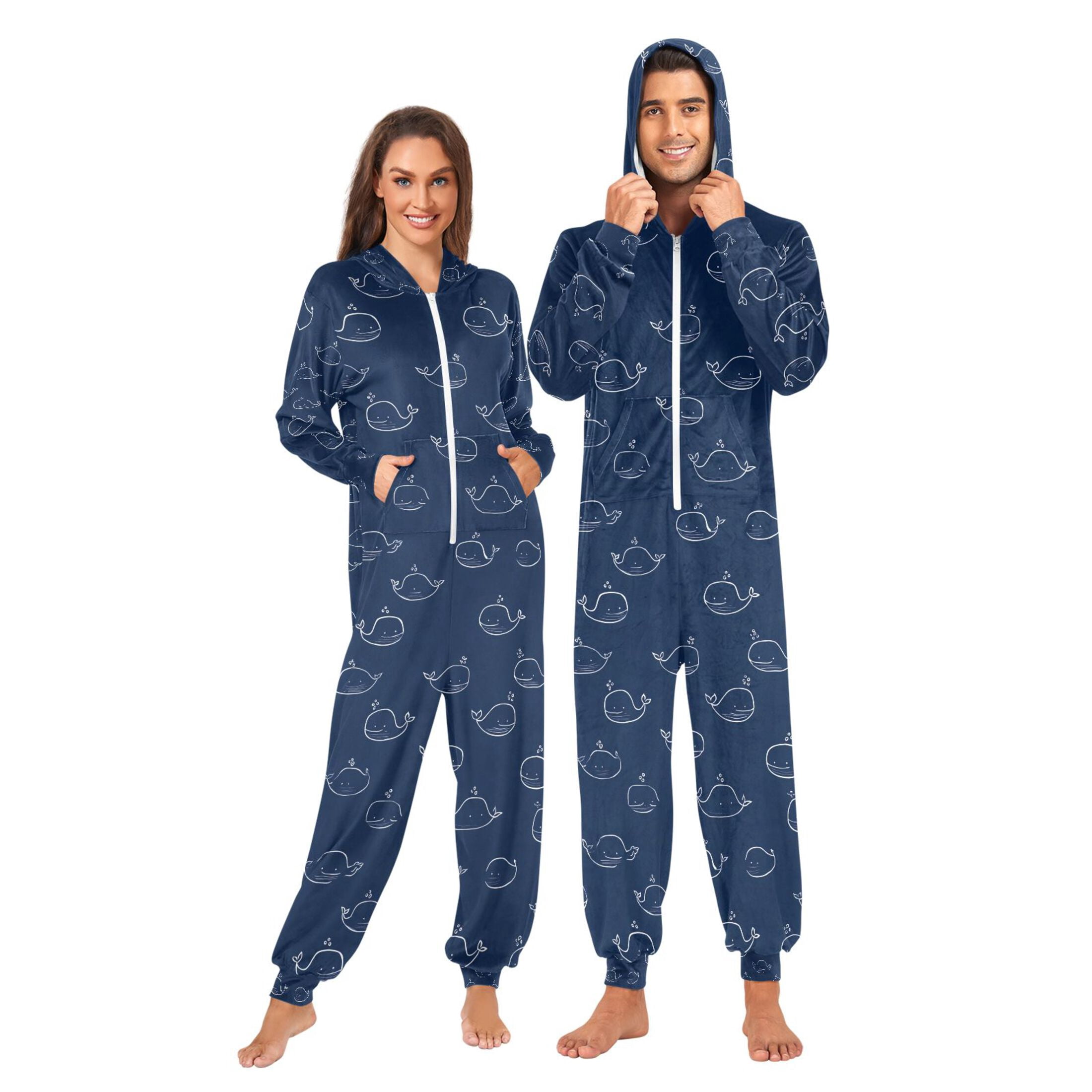 Adult Christmas Onesie Cute White Whale Adult Zipper One-Piece Pajamas Unisex Pajamas with Pockets