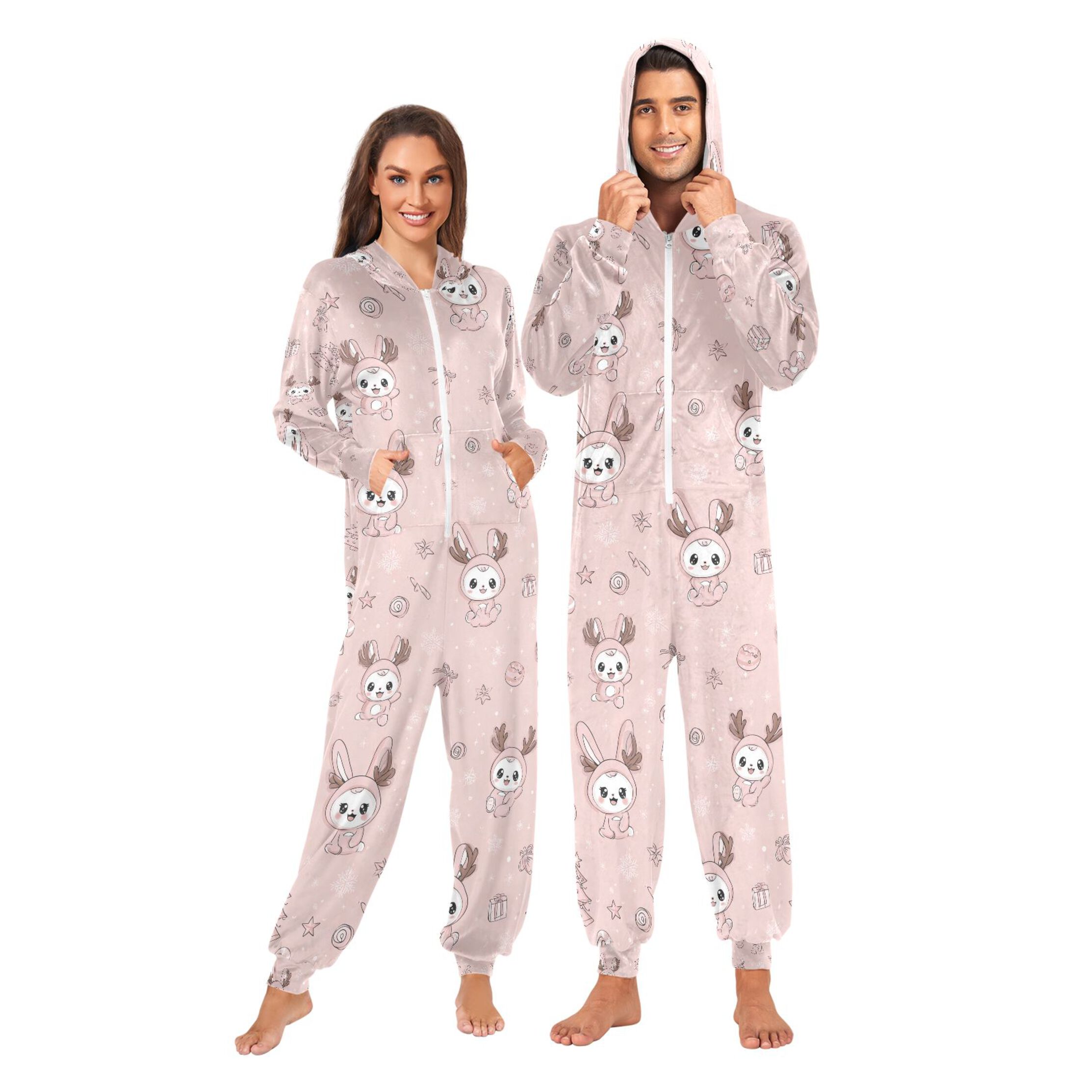 Adult Christmas Onesie Cute and Funny Rabbit Adult Zipper One-Piece Pajamas Unisex Pajamas with Pockets