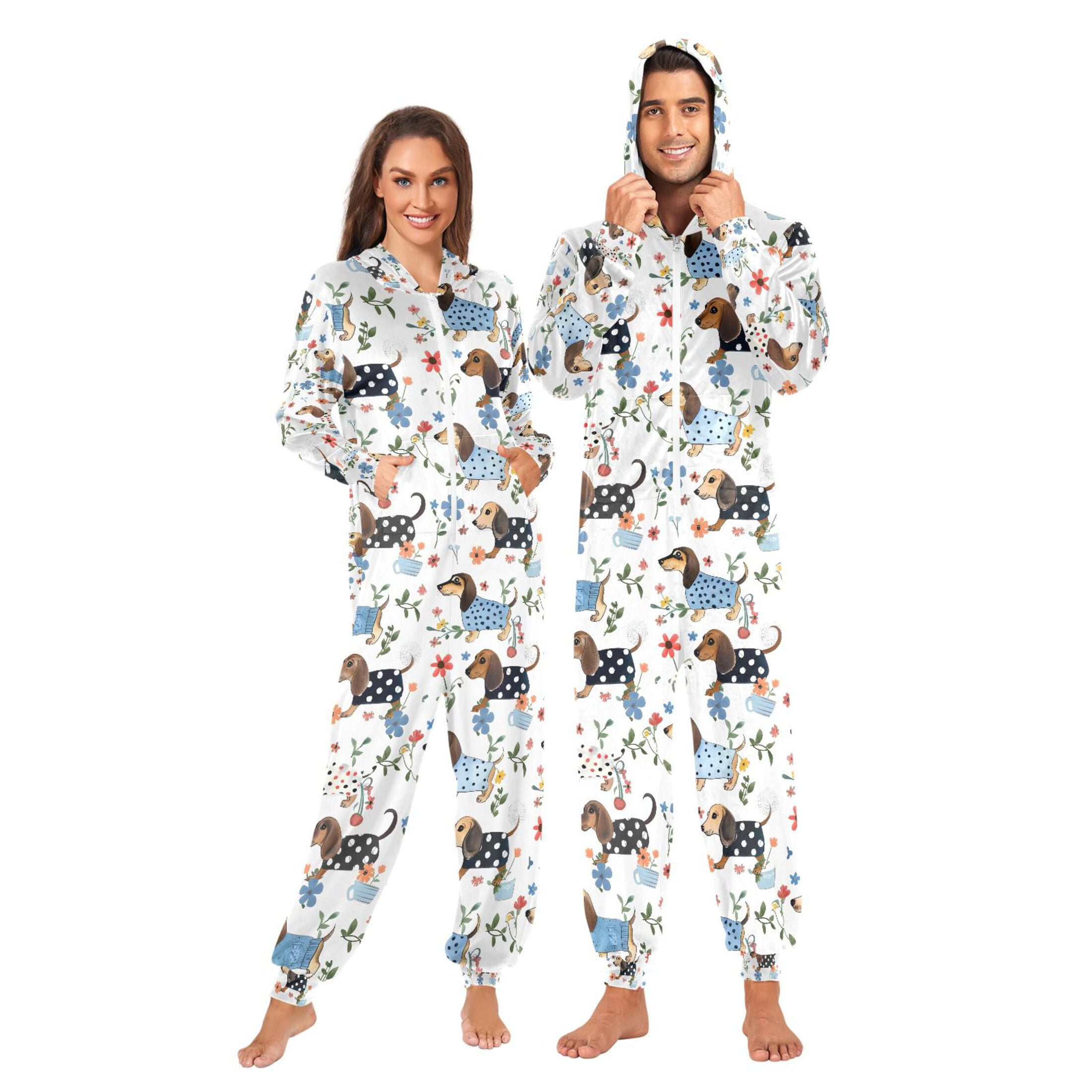Adult Christmas Onesie Dachshund Adult Zipper One-Piece Pajamas Unisex Pajamas with Pockets