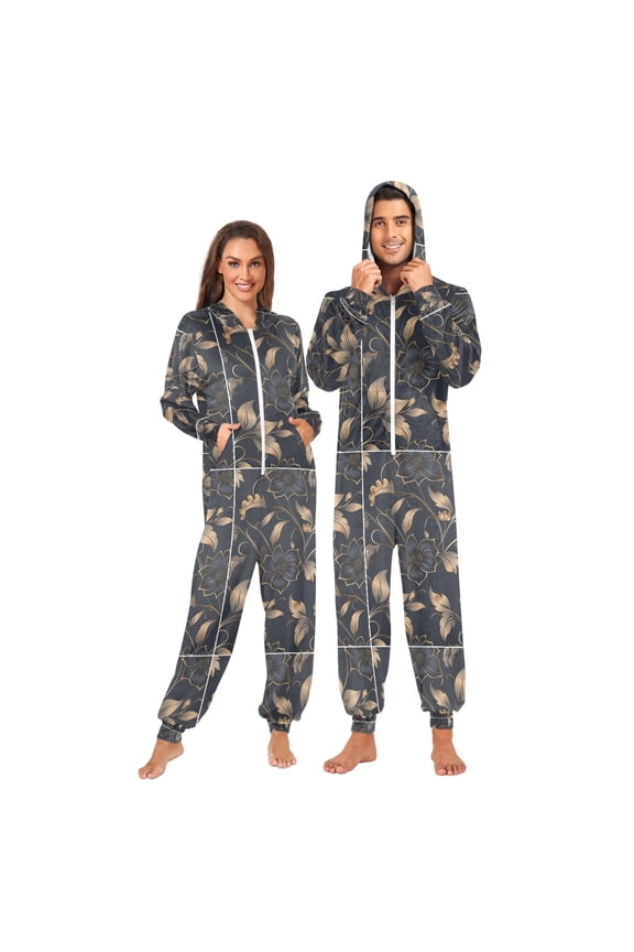 Adult Christmas Onesie Dark Black Flowers Zipper One-Piece Pajamas Unisex with Pockets