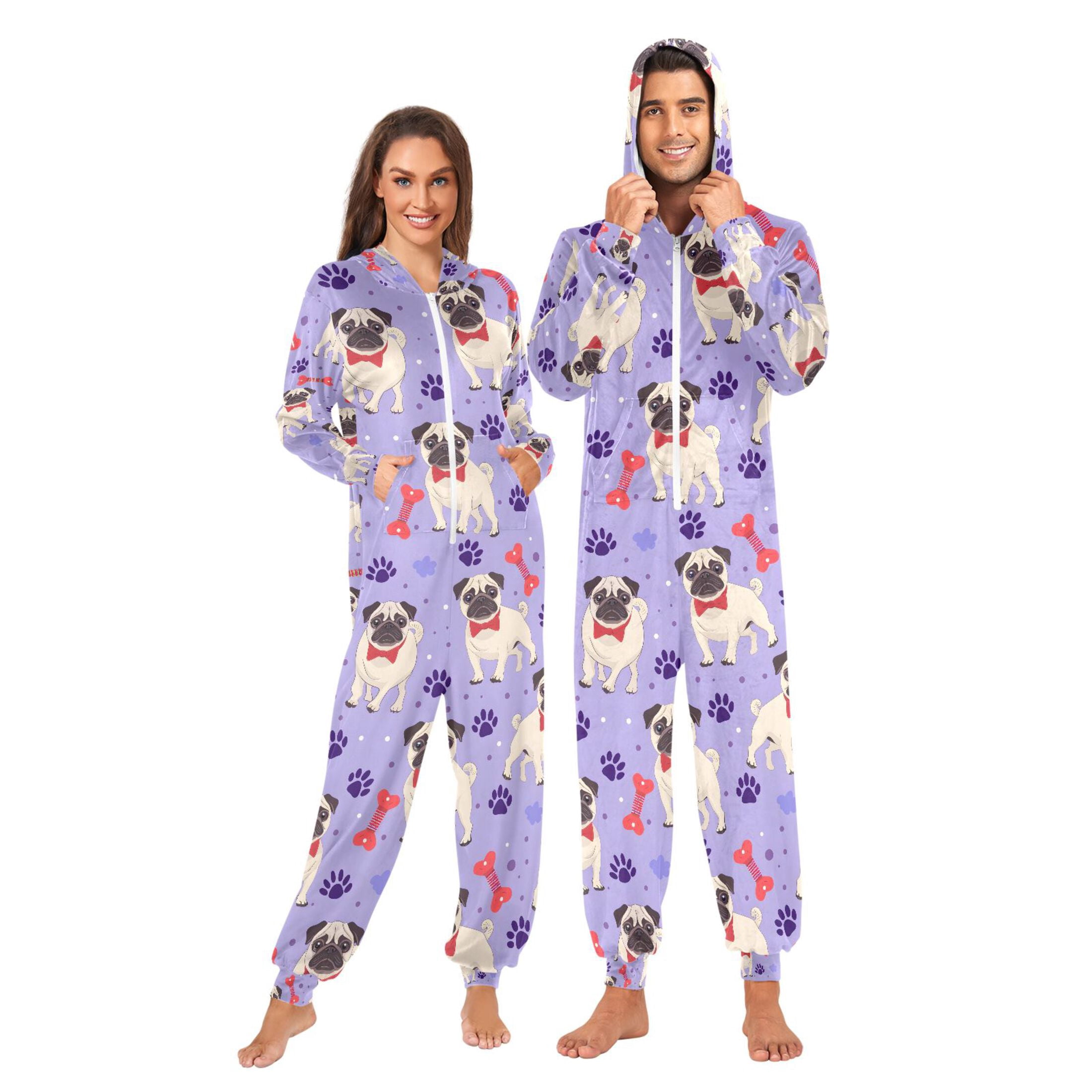 Adult Christmas Onesie Dog Bones Paw Prints Adult Zipper One-Piece Pajamas Unisex Pajamas with Pockets