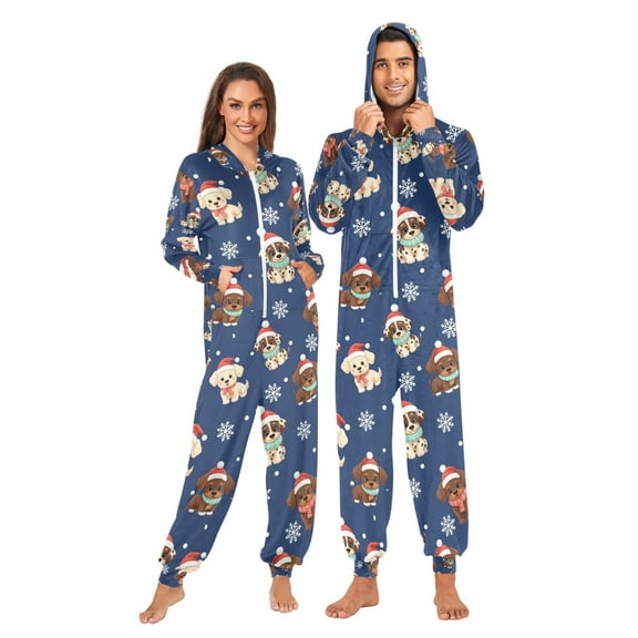 Adult Christmas Onesie Dog Christmas Snowflake Pattern Zipper One-Piece Pajamas Unisex with Pockets