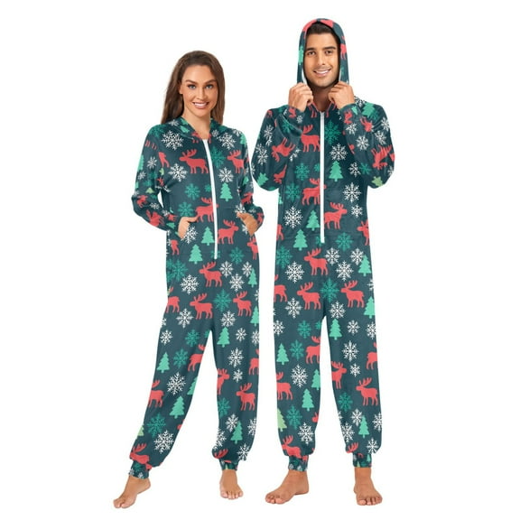 Adult Christmas Onesie Elk Tree Snowflakes Adult Zipper One-Piece Pajamas Unisex Pajamas with Pockets
