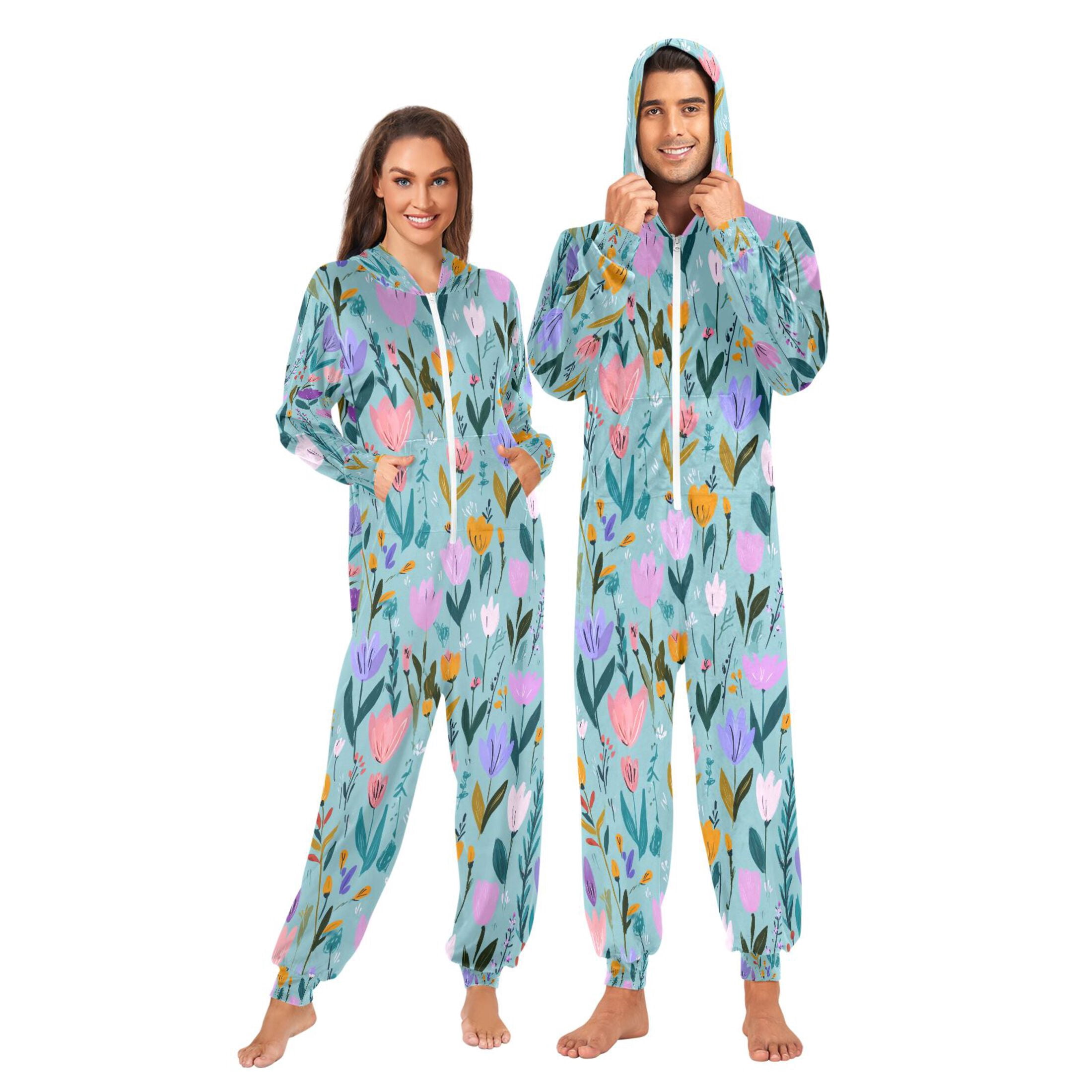 Adult Christmas Onesie Flowers Are Lovely Adult Zipper One-Piece Pajamas Unisex Pajamas with Pockets