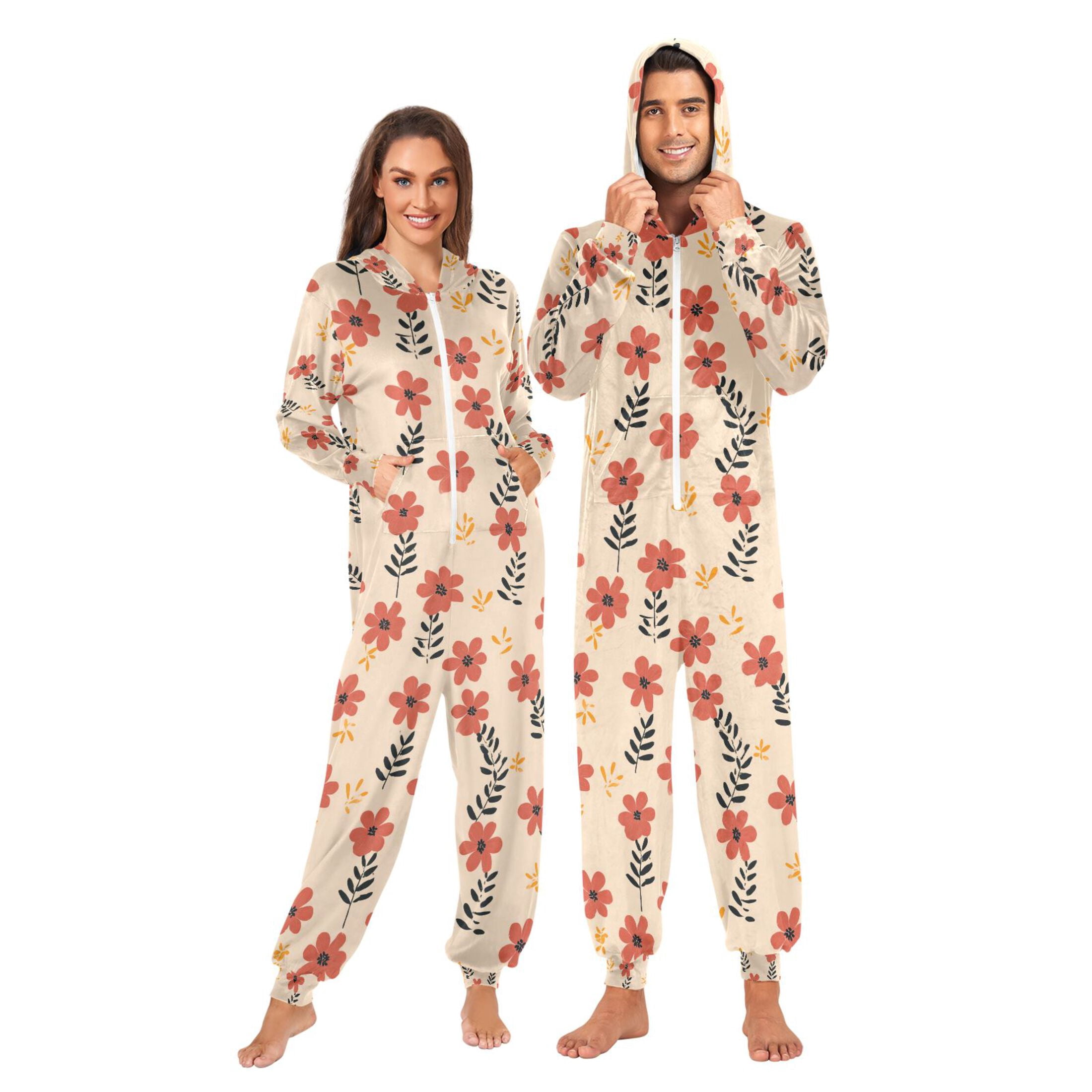 Adult Christmas Onesie Flowers Simple Adult Zipper One-Piece Pajamas Unisex Pajamas with Pockets
