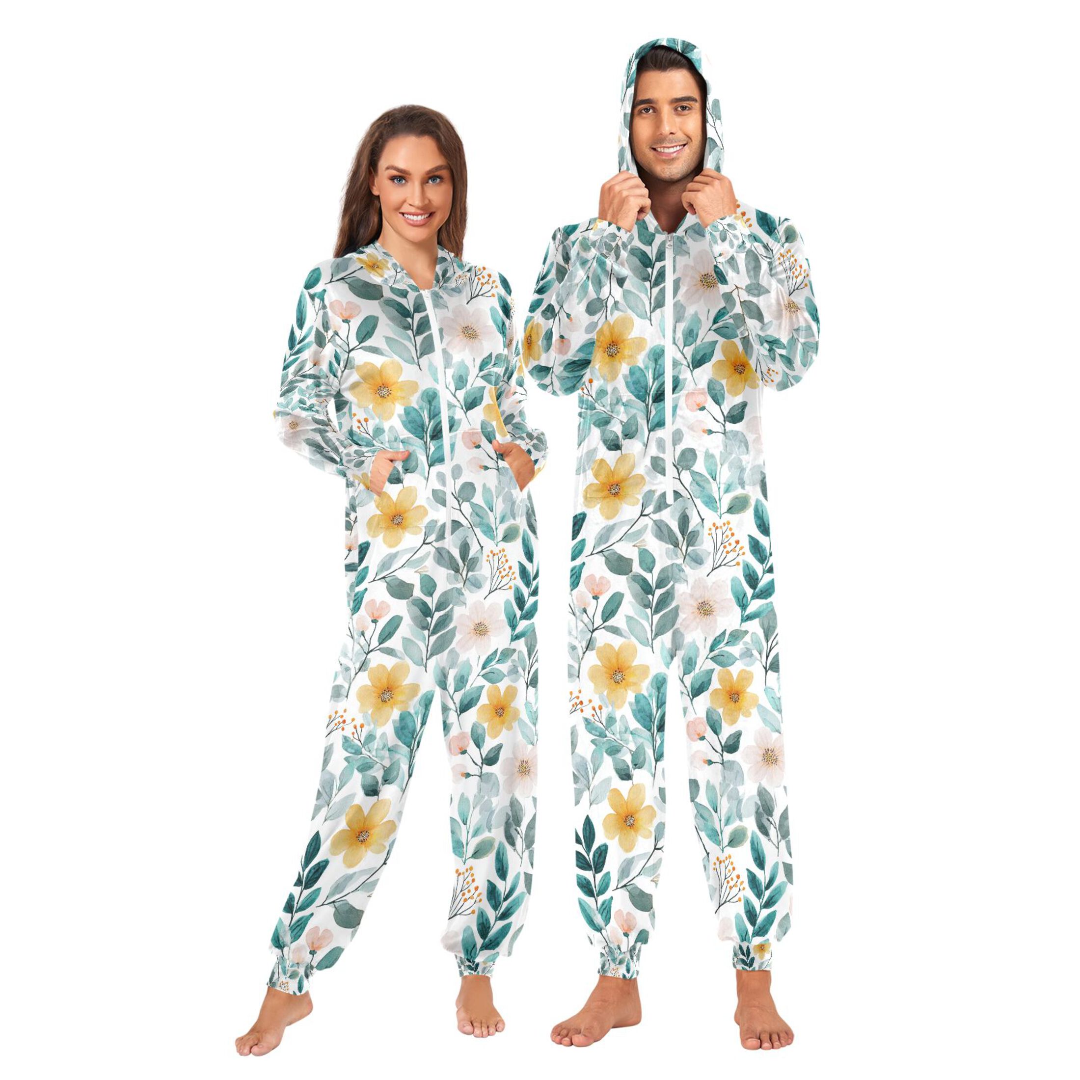 Adult Christmas Onesie Flowers and Plants Adult Zipper One-Piece Pajamas Unisex Pajamas with Pockets