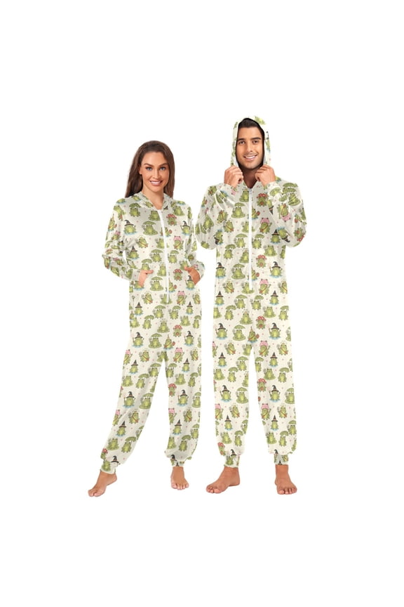 Adult Christmas Onesie Frogs Holiday Zipper One-Piece Pajamas Unisex with Pockets