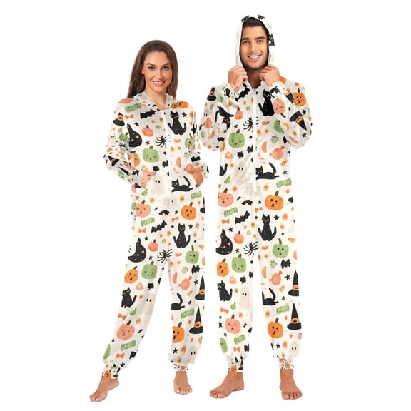Adult Christmas Onesie Fun Halloween Elements Adult Zipper One-Piece Pajamas Unisex Pajamas with Pockets