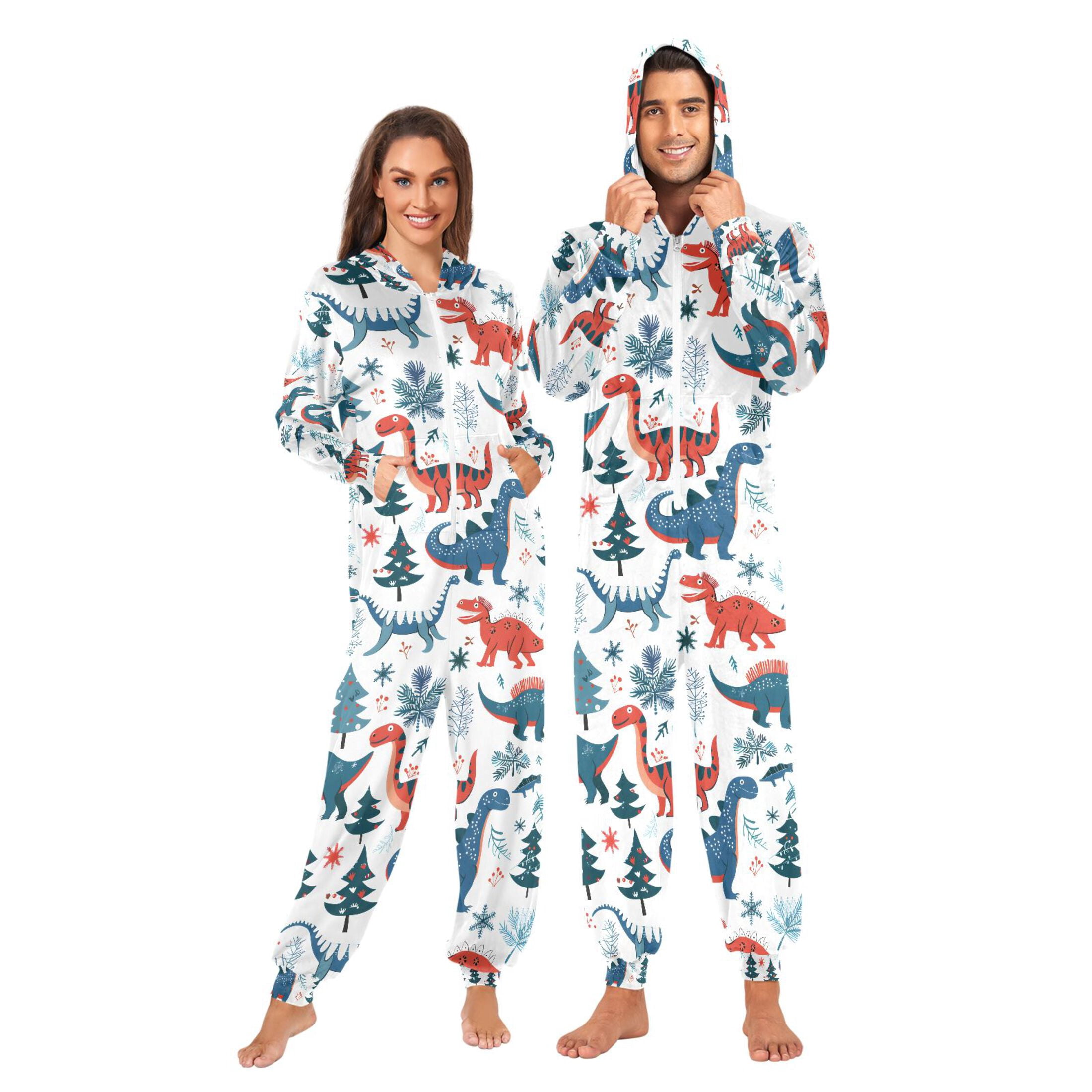Adult Christmas Onesie Funny Dinosaurs Adult Zipper One-Piece Pajamas Unisex Pajamas with Pockets