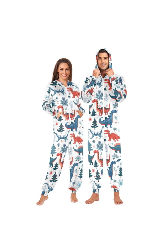 Adult Christmas Onesie Funny Dinosaurs Adult Zipper One-Piece Pajamas Unisex Pajamas with Pockets