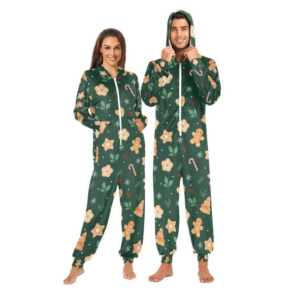 Adult Christmas Onesie Gingerbread Man Christmas Adult Zipper One-Piece Pajamas Unisex Pajamas with Pockets