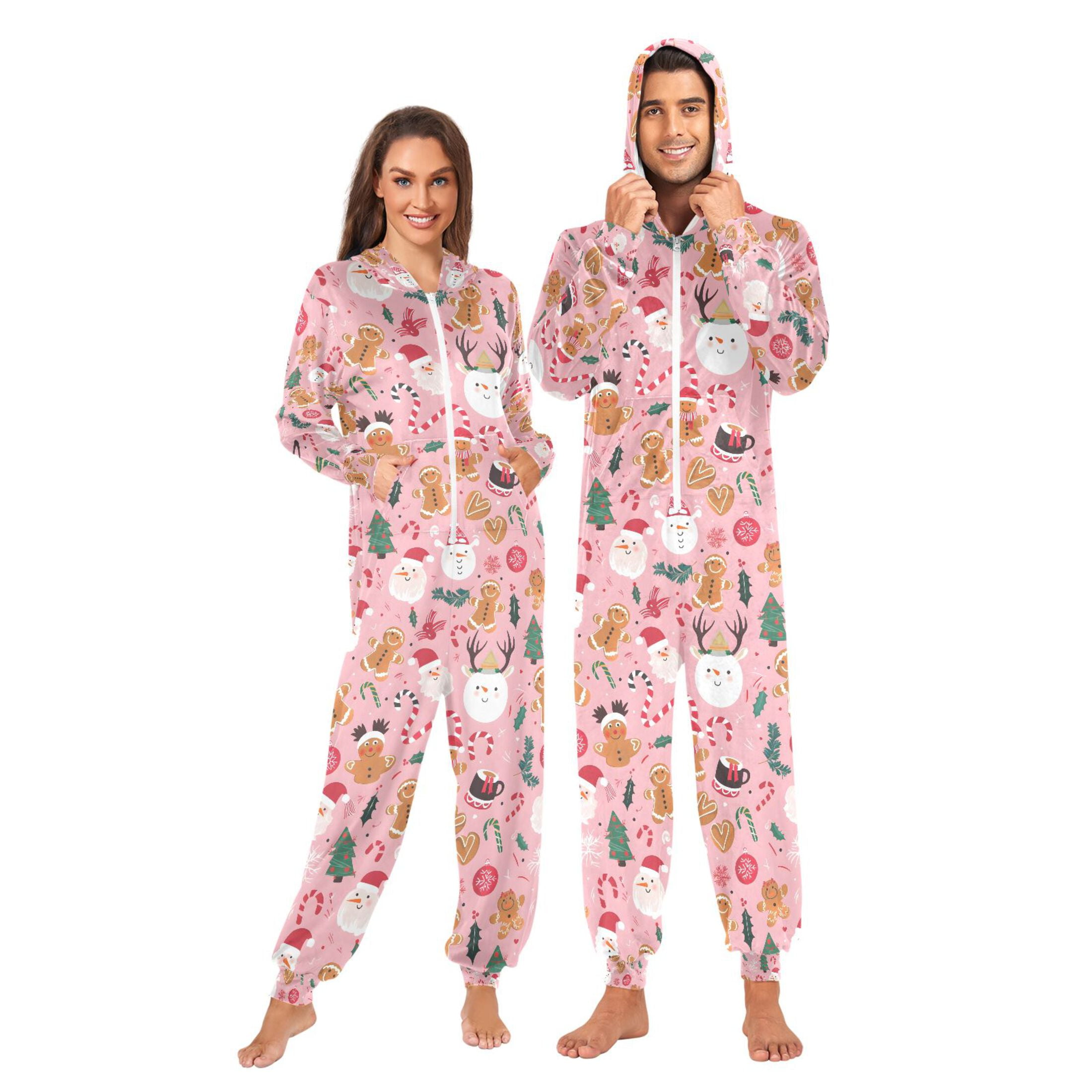 Adult Christmas Onesie Gingerbread Man Snowman Adult Zipper One-Piece Pajamas Unisex Pajamas with Pockets