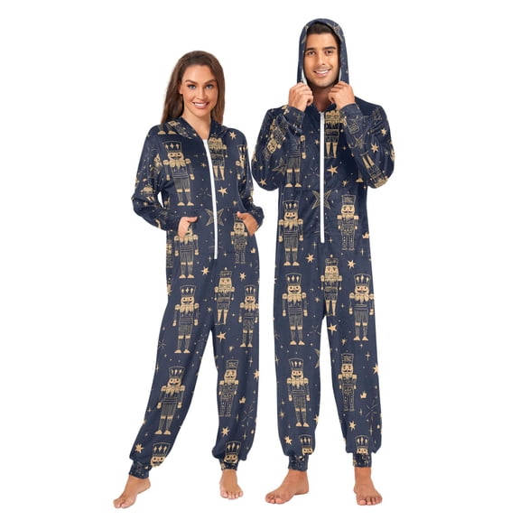 Adult Christmas Onesie Gold Nutcracker Dark Blue Background Pattern Zipper One-Piece Pajamas Unisex with Pockets