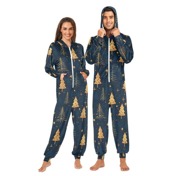 Adult Christmas Onesie Golden Christmas Tree Adult Zipper One-Piece Pajamas Unisex Pajamas with Pockets