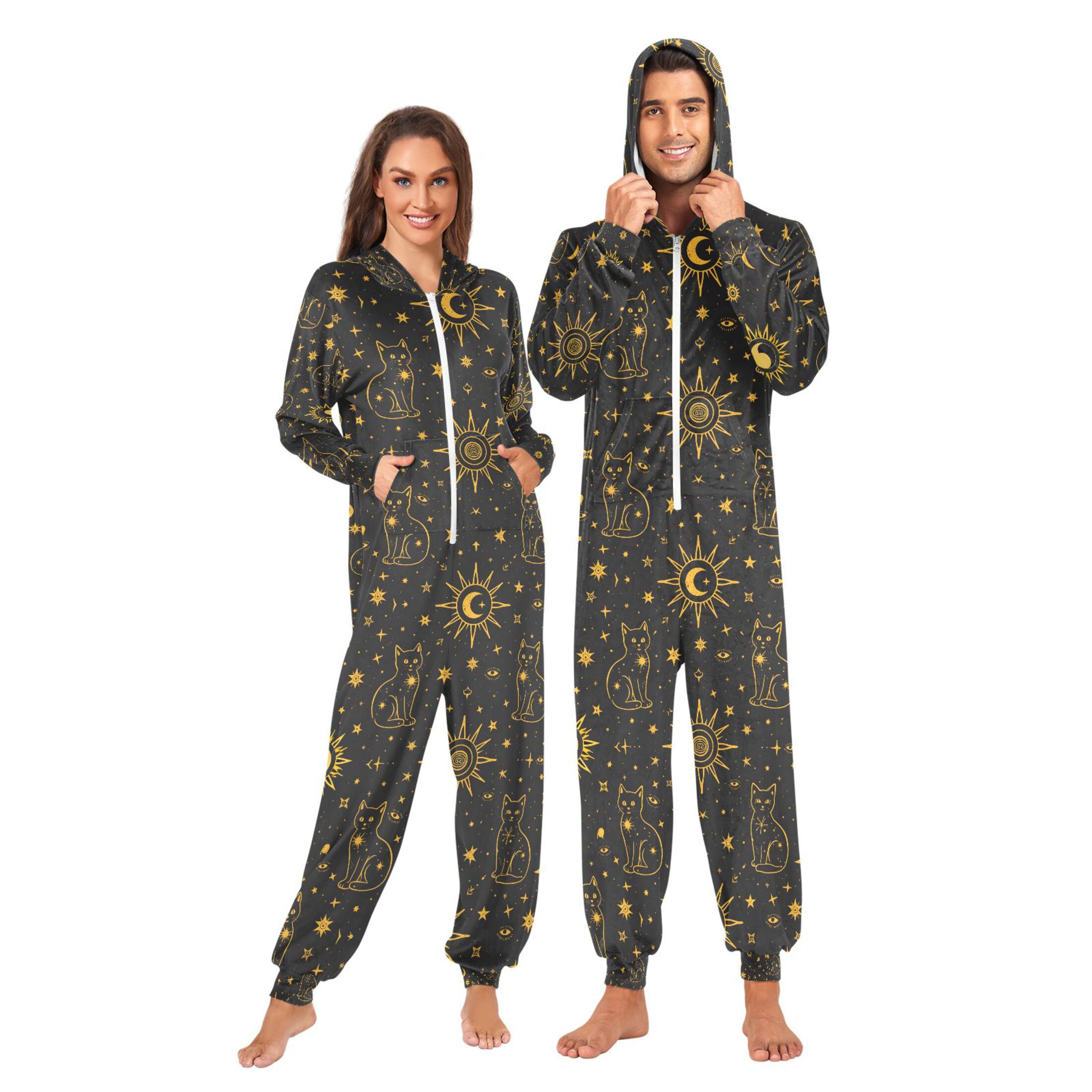 Adult Christmas Onesie Golden Edged Cat Adult Zipper One-Piece Pajamas Unisex Pajamas with Pockets