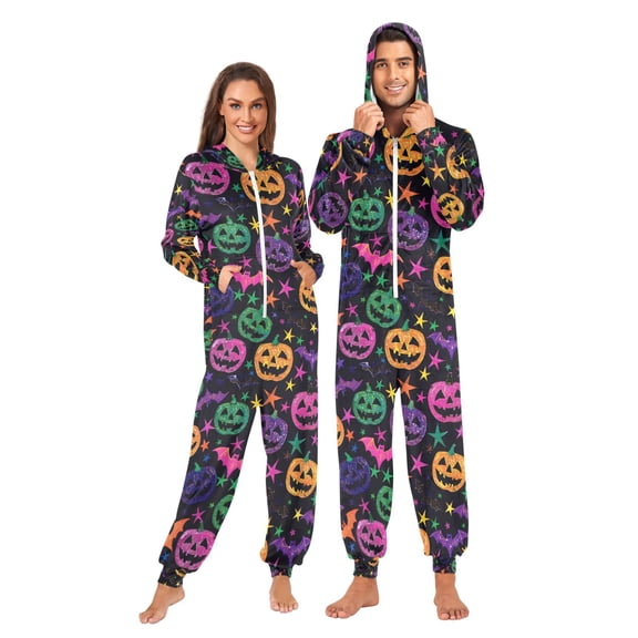 Adult Christmas Onesie Halloween Pumpkins Glittery Stars Bats Neon Adult Zipper One-Piece Pajamas Unisex Pajamas with Pockets