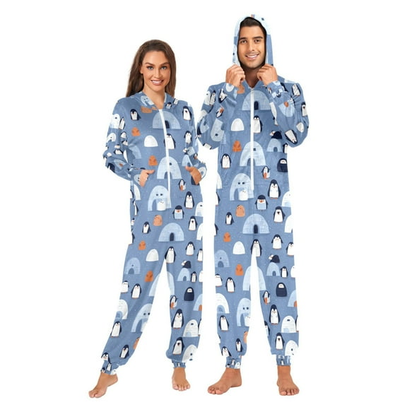 Adult Christmas Onesie Igloo Penguin Adult Zipper One-Piece Pajamas Unisex Pajamas with Pockets
