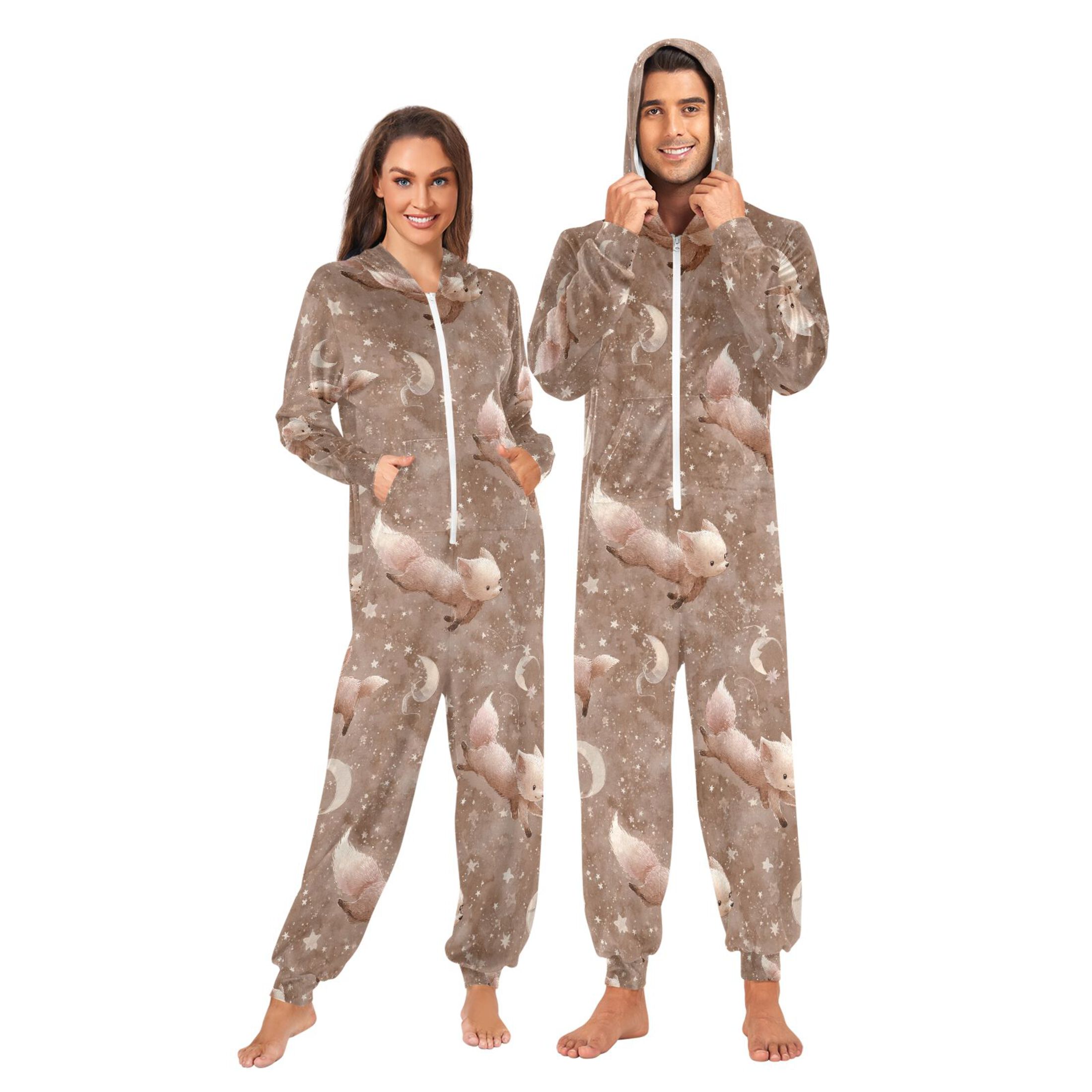 Adult Christmas Onesie Jumping Little Fox Adult Zipper One-Piece Pajamas Unisex Pajamas with Pockets