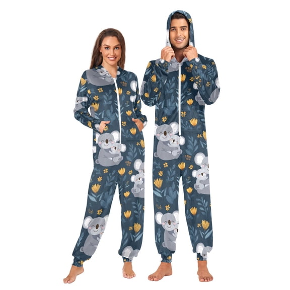 Adult Christmas Onesie Koalas and Flowers Adult Zipper One-Piece Pajamas Unisex Pajamas with Pockets