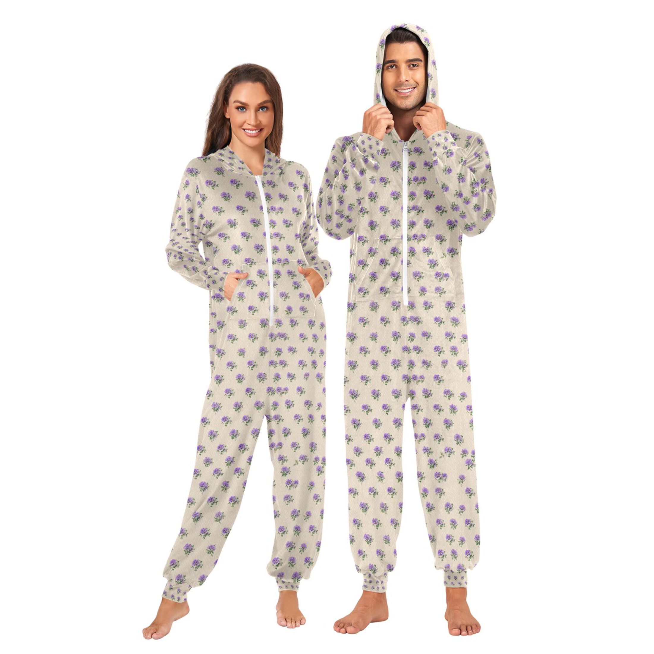 Adult Christmas Onesie Lilac Color Flowers Adult Zipper One-Piece Pajamas Unisex Pajamas with Pockets
