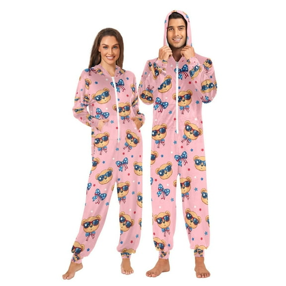 Adult Christmas Onesie Little Bear Bow Adult Zipper One-Piece Pajamas Unisex Pajamas with Pockets