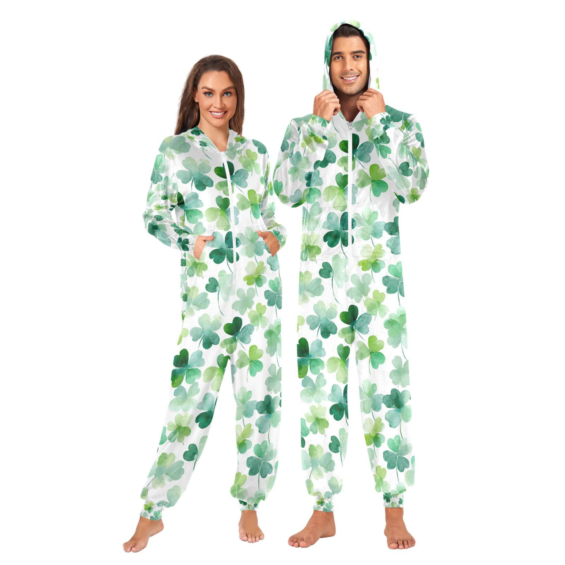 Adult Christmas Onesie Many Four-leaf Clovers Adult Zipper One-Piece Pajamas Unisex Pajamas with Pockets