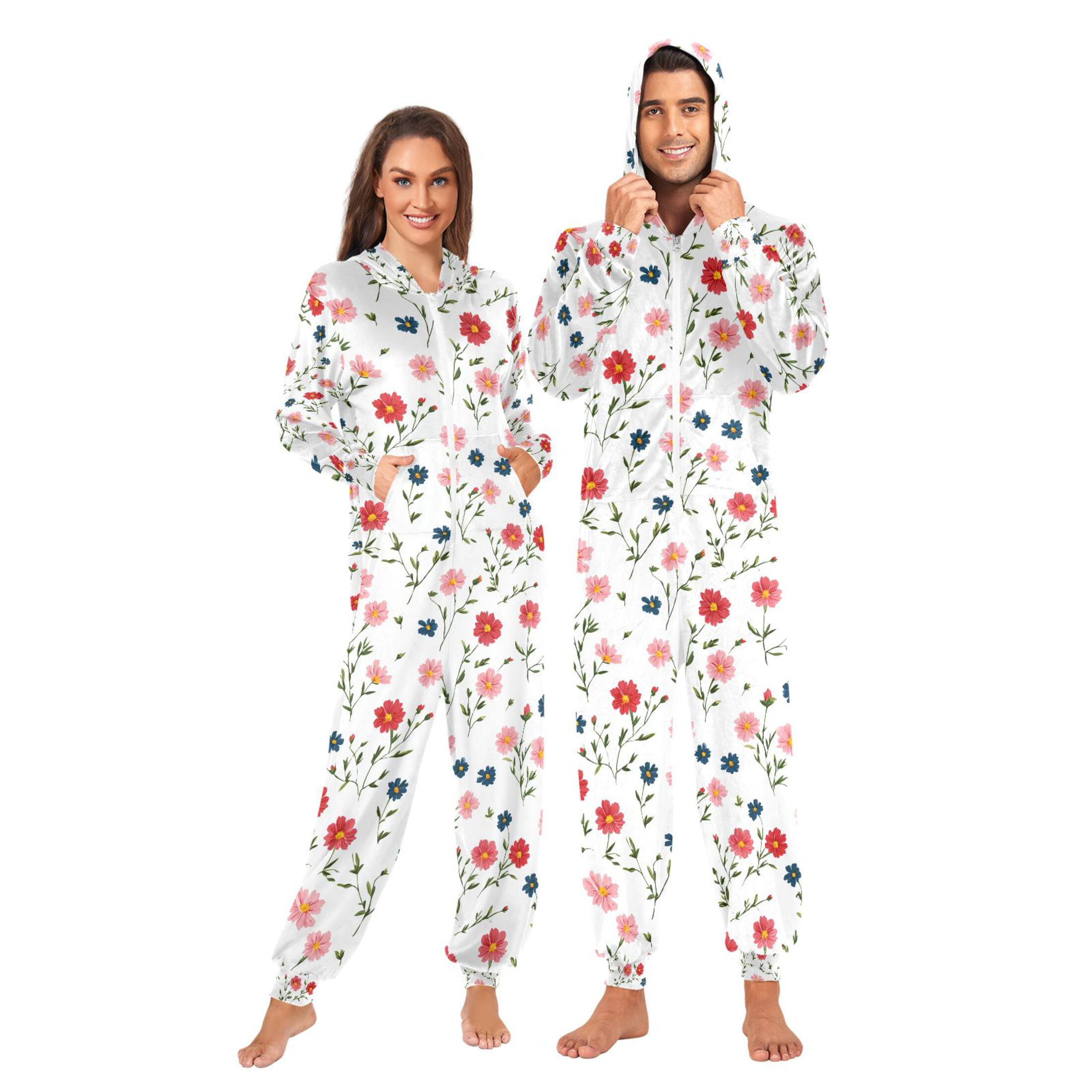 Adult Christmas Onesie Many Small Red Flowers Adult Zipper One-Piece Pajamas Unisex Pajamas with Pockets