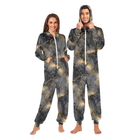 Adult Christmas Onesie Marble Black Gold Art Adult Zipper One-Piece Pajamas Unisex Pajamas with Pockets