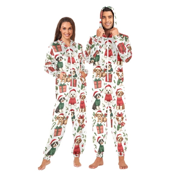 Adult Christmas Onesie Merry Christmas Dogs Zipper One-Piece Pajamas Unisex with Pockets