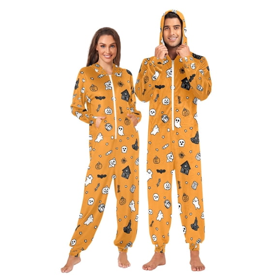 Adult Christmas Onesie Minimalist Halloween Pattern Adult Zipper One-Piece Pajamas Unisex Pajamas with Pockets