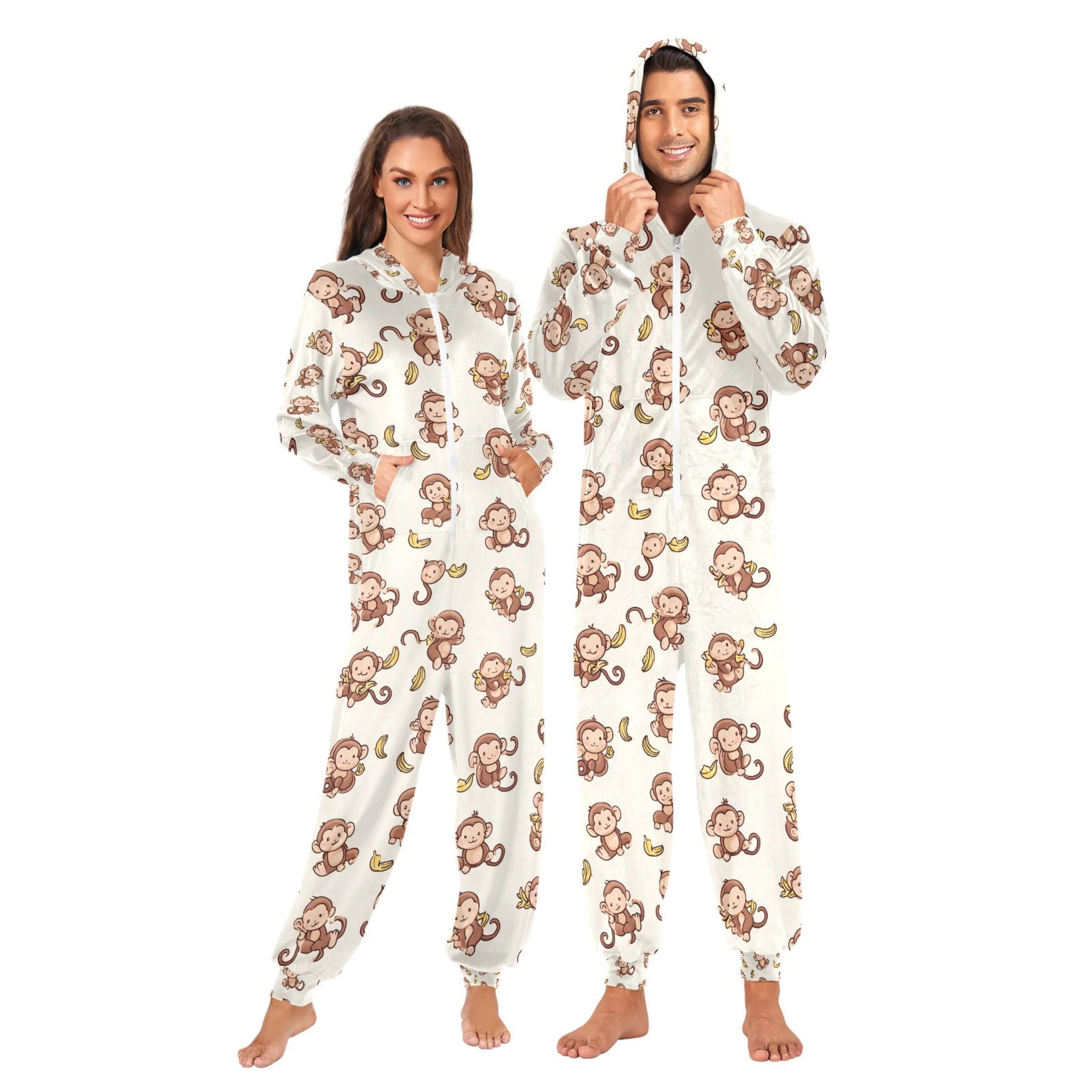Adult Christmas Onesie Monkey and Banana Adult Zipper One-Piece Pajamas Unisex Pajamas with Pockets