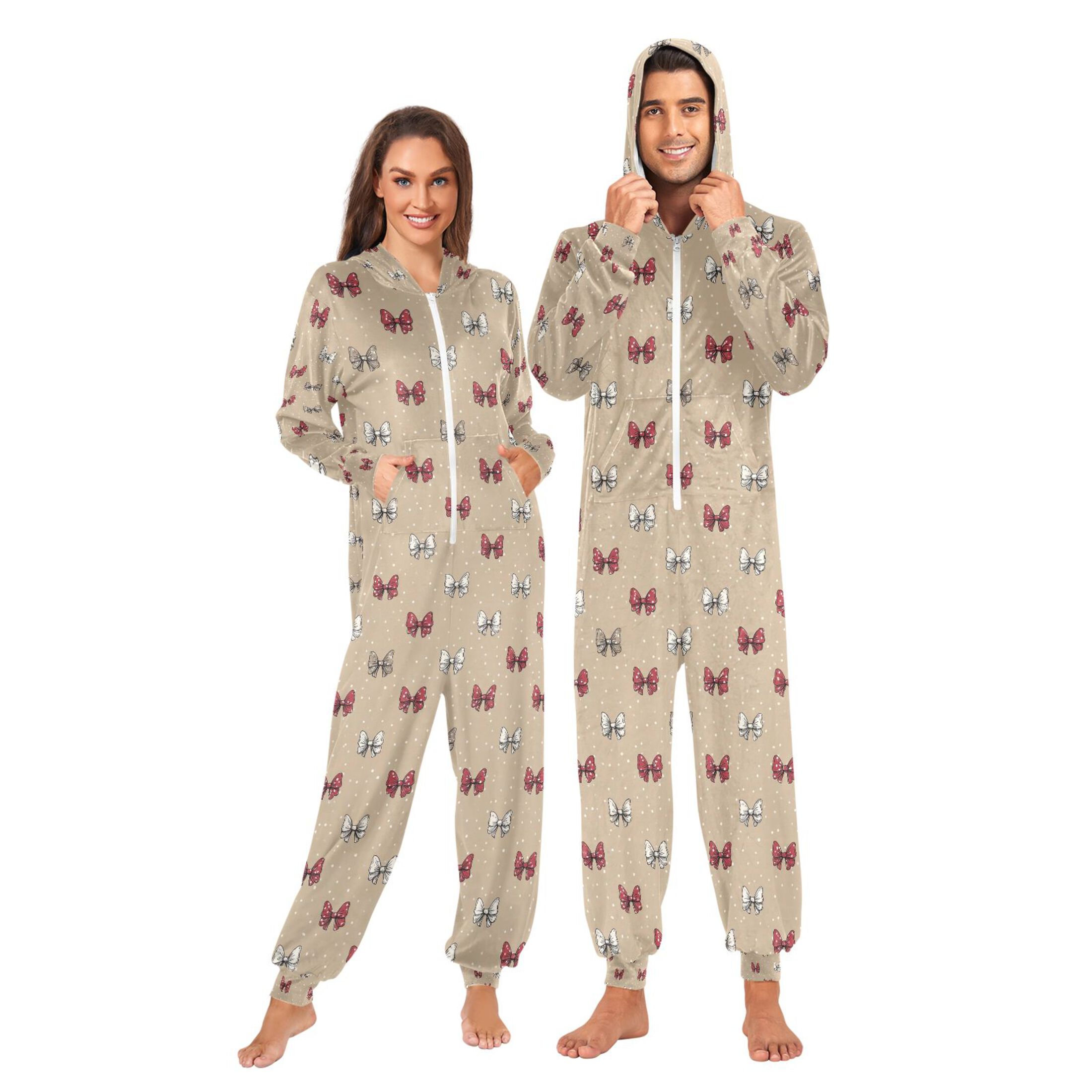 Adult Christmas Onesie Mouse Bow Adult Zipper One-Piece Pajamas Unisex Pajamas with Pockets