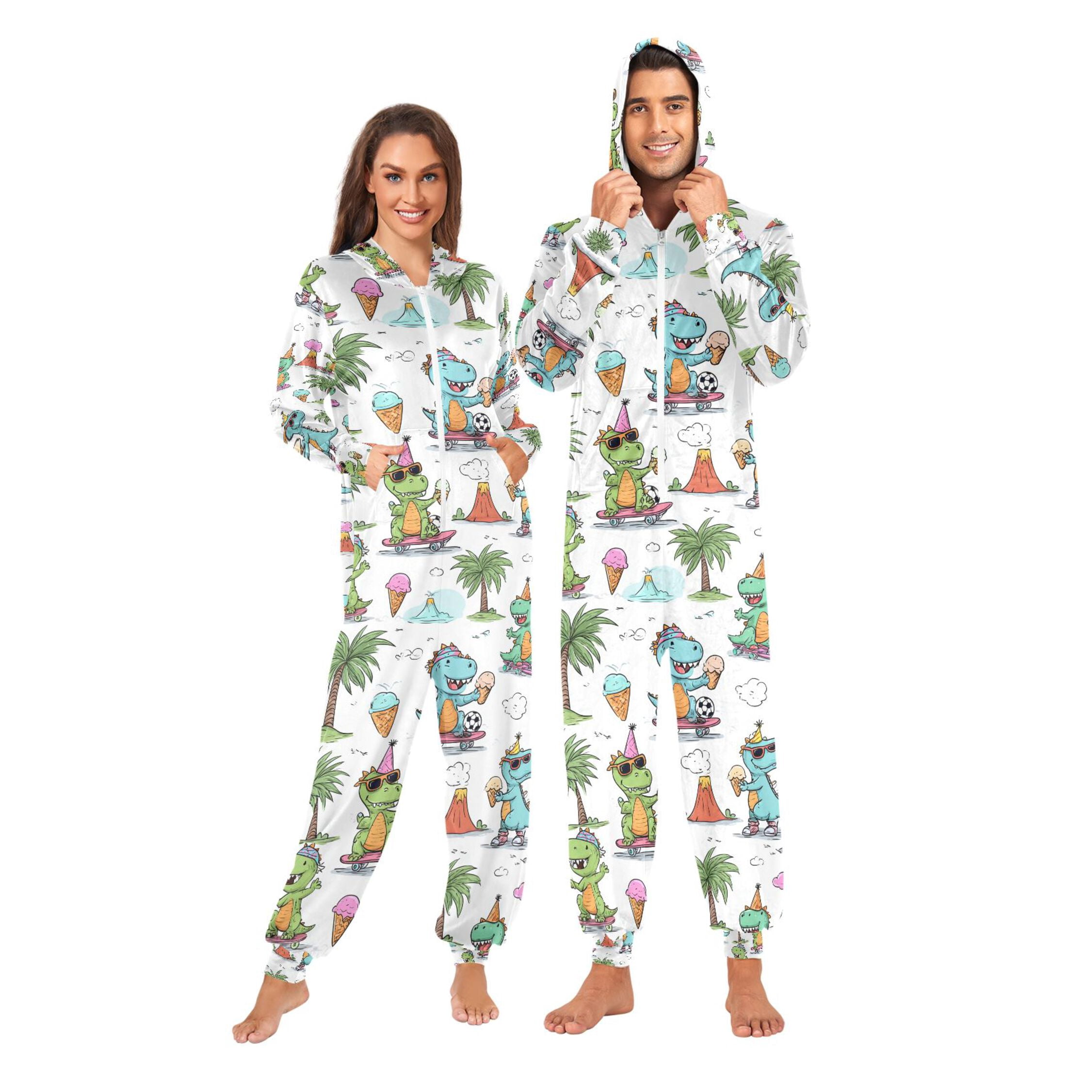 Adult Christmas Onesie Naughty Dinosaur Adult Zipper One-Piece Pajamas Unisex Pajamas with Pockets
