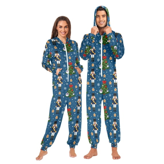 Adult Christmas Onesie Nutcracker Christmas Tree Gingerbread Man Pattern Zipper One-Piece Pajamas Unisex with Pockets