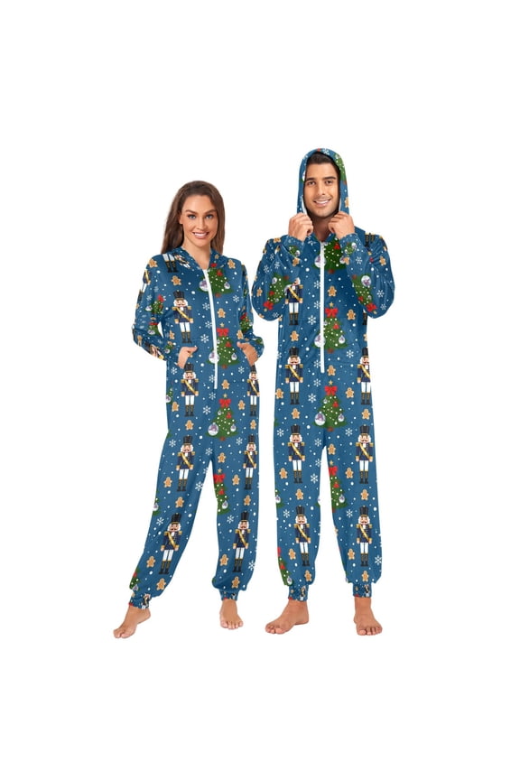 Adult Christmas Onesie Nutcracker Christmas Tree Gingerbread Man Pattern Zipper One-Piece Pajamas Unisex with Pockets
